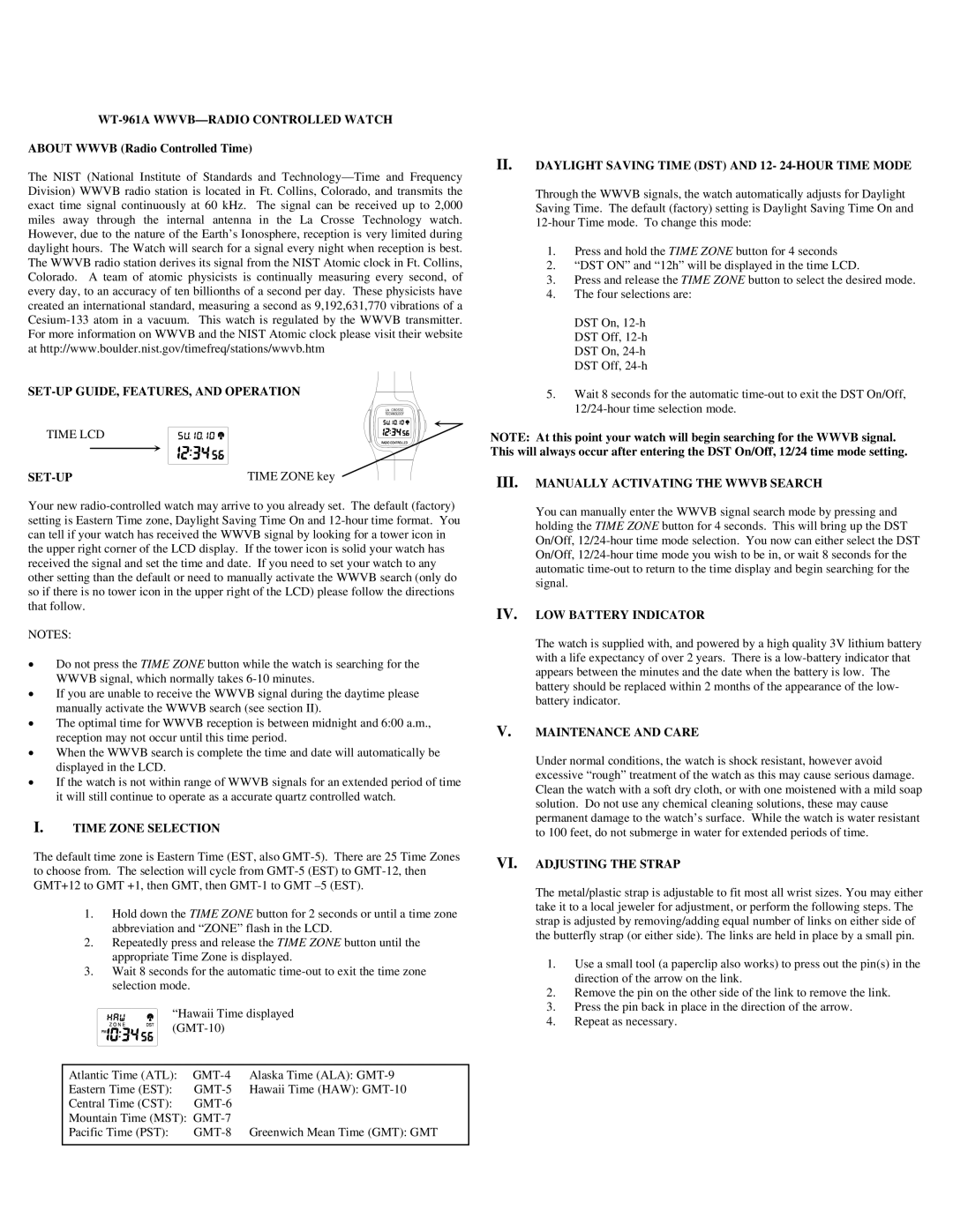 La Crosse Technology setup guide WT-961A WWVB-RADIO Controlled Watch, SET-UP GUIDE, FEATURES, and Operation, Set-Up 