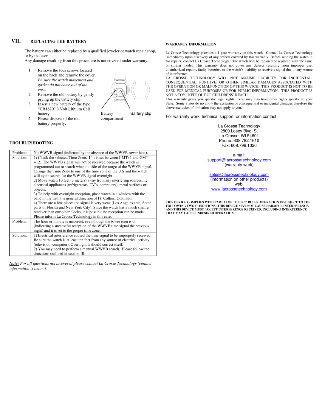 La Crosse Technology WT-961A setup guide VII. Replacing the Battery, Battery clip, Troubleshooting, Warranty work 