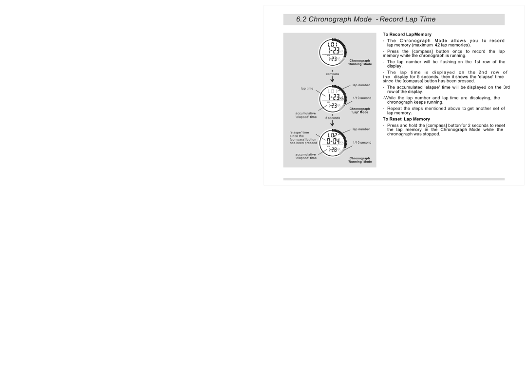 La Crosse Technology XG-20 instruction manual Chronograph Mode Record Lap Time, To Record Lap Memory, To Reset Lap Memory 