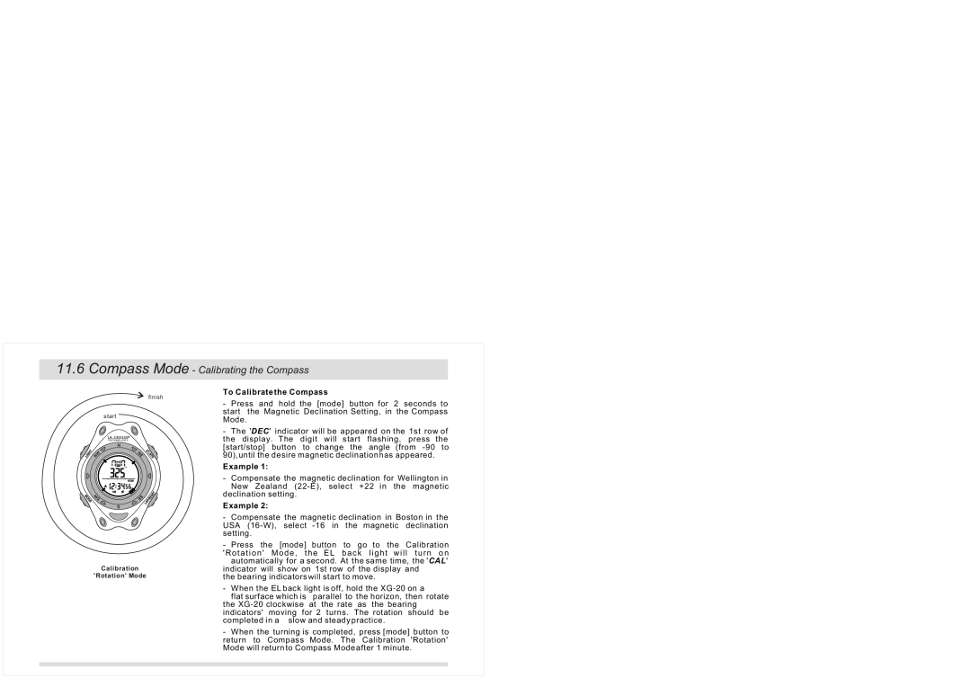 La Crosse Technology XG-20 instruction manual Compass Mode Calibrating the Compass, Example 