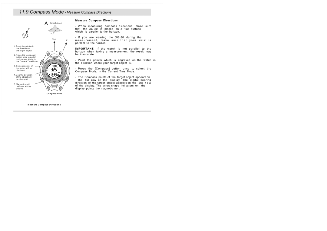 La Crosse Technology XG-20 instruction manual Compass Mode Measure Compass Directions 