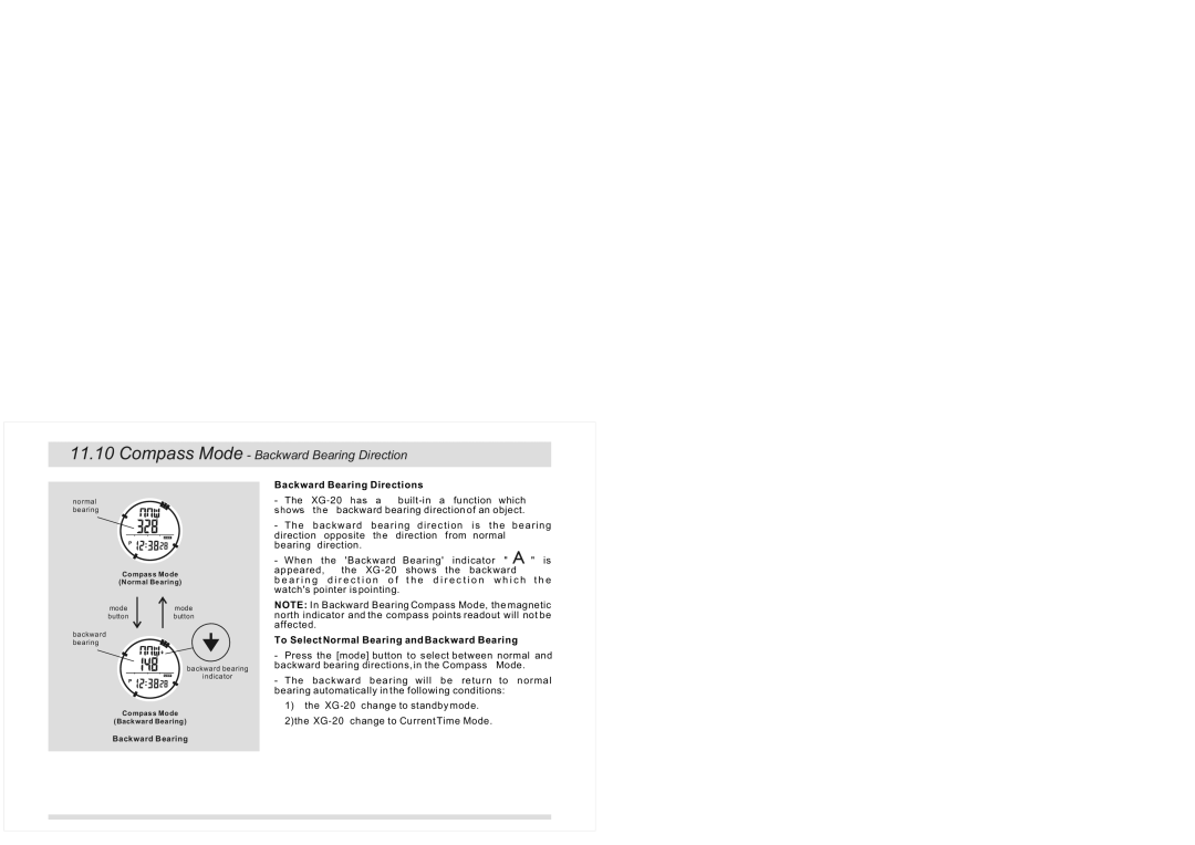 La Crosse Technology XG-20 instruction manual Compass Mode Backward Bearing Direction, Backward Bearing Directions 