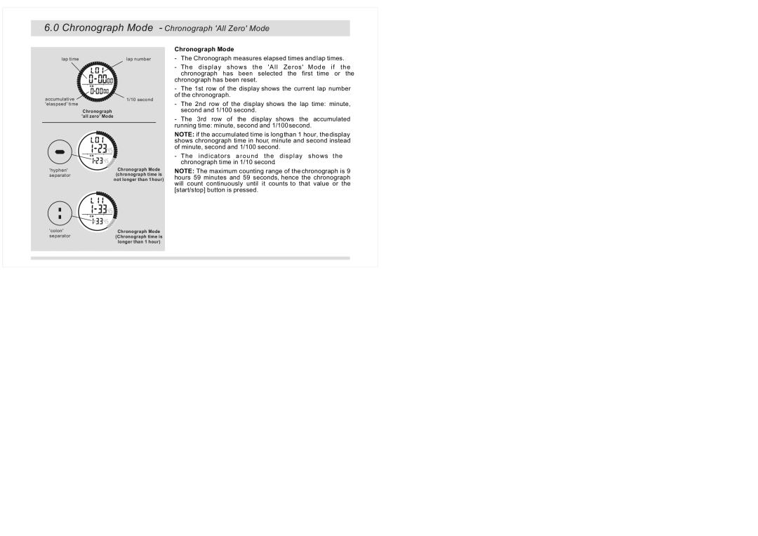 La Crosse Technology XG-20 instruction manual Chronograph Mode Chronograph All Zero Mode 