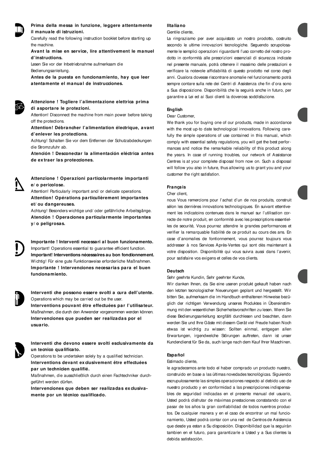 La Pavoni 790800155 manual Interventions pouvant être effectuées par l’utilisateur, English, Français, Deutsch, Español 