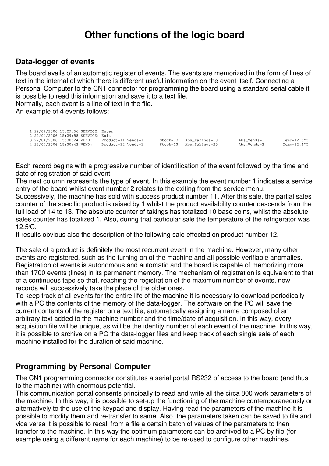 La Pavoni LP30, LP25 manual Other functions of the logic board, Data-logger of events, Programming by Personal Computer 