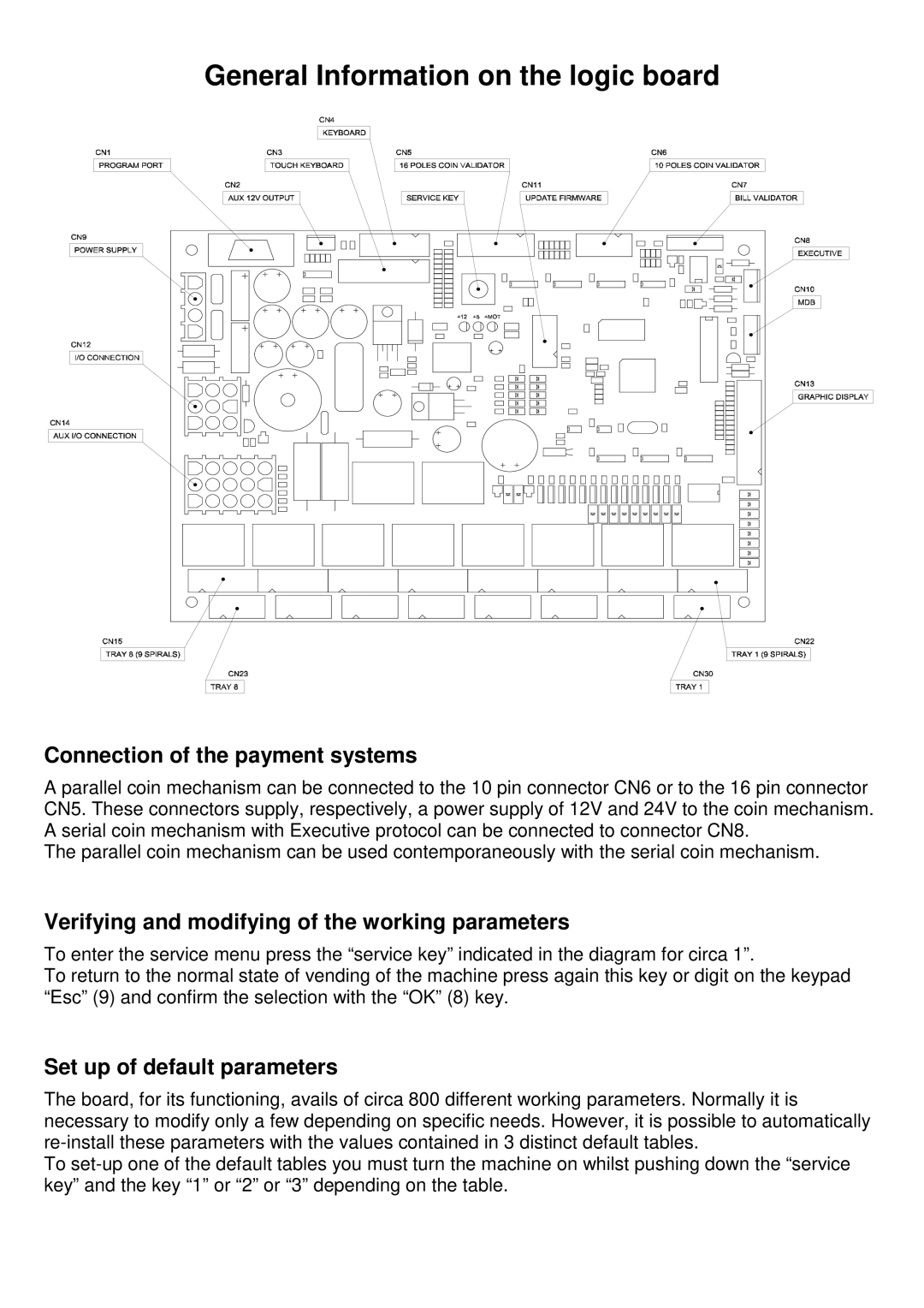 La Pavoni LP30 General Information on the logic board, Connection of the payment systems, Set up of default parameters 