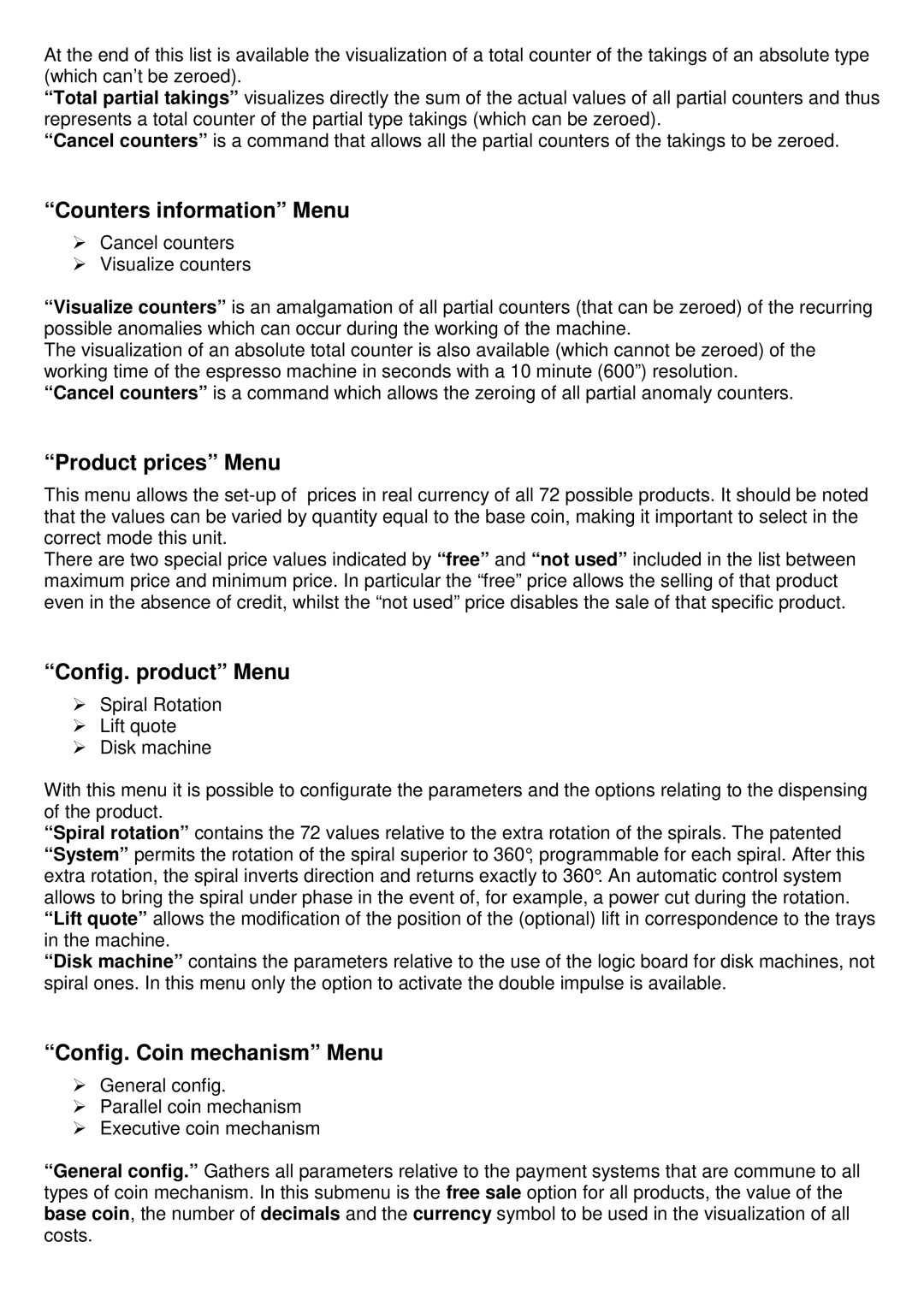 La Pavoni LP25, LP30 Counters information Menu, Product prices Menu, Config. product Menu, Config. Coin mechanism Menu 