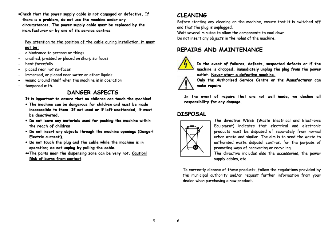 La Pavoni P03, P06, P09 manual Danger Aspects, Cleaning, Repairs And Maintenance, Disposal 