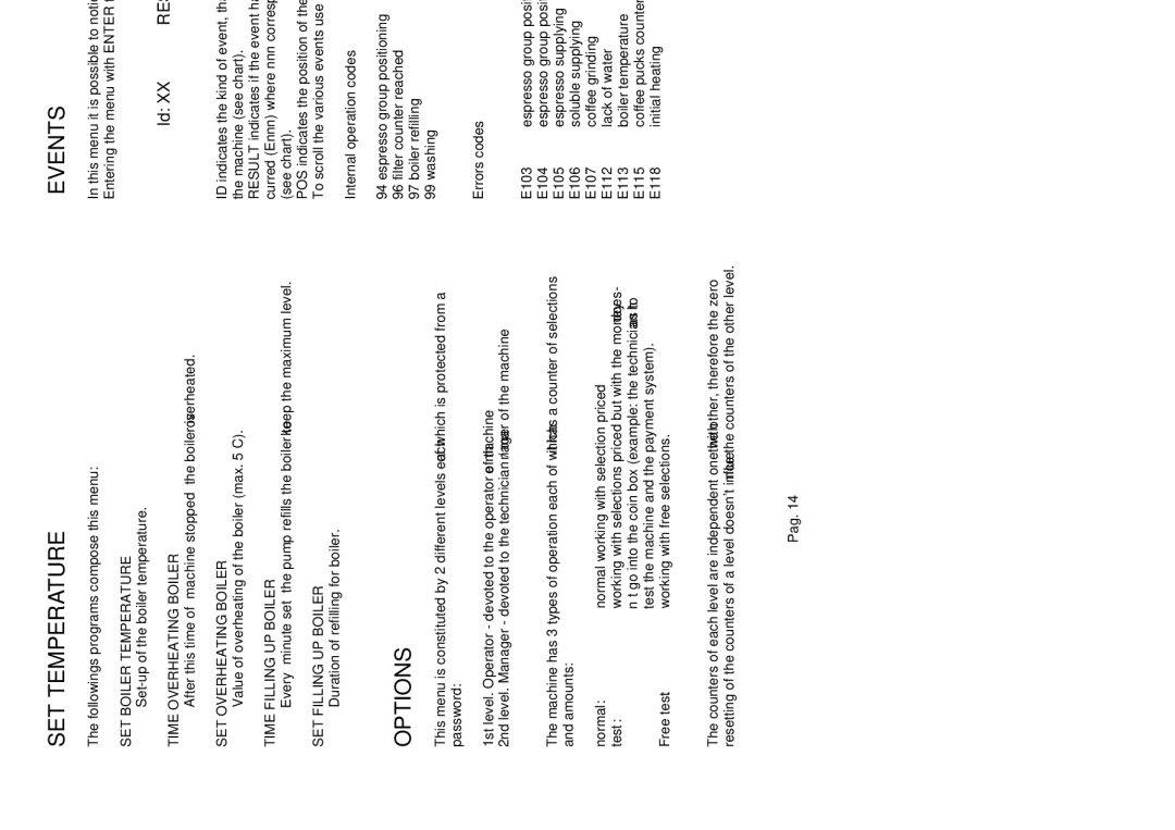 La Pavoni P1 manual SET Temperature, Options, Events, Result Pn 