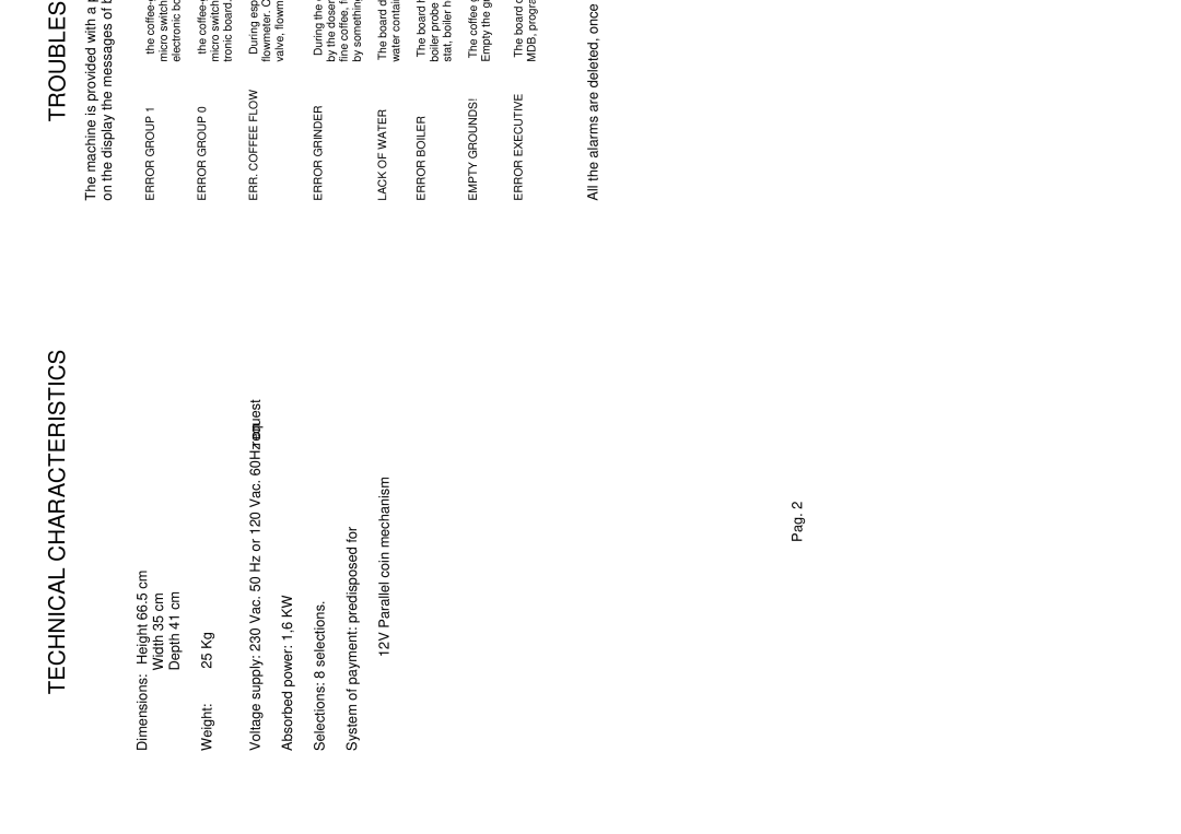 La Pavoni P1 manual Technical Characteristics, Troubleshooting Guide 