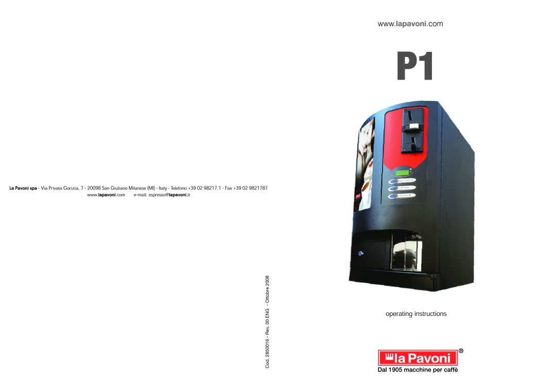 La Pavoni P1 manual Cod. 2850016 - Rev. 00 ENG - Ottobre 