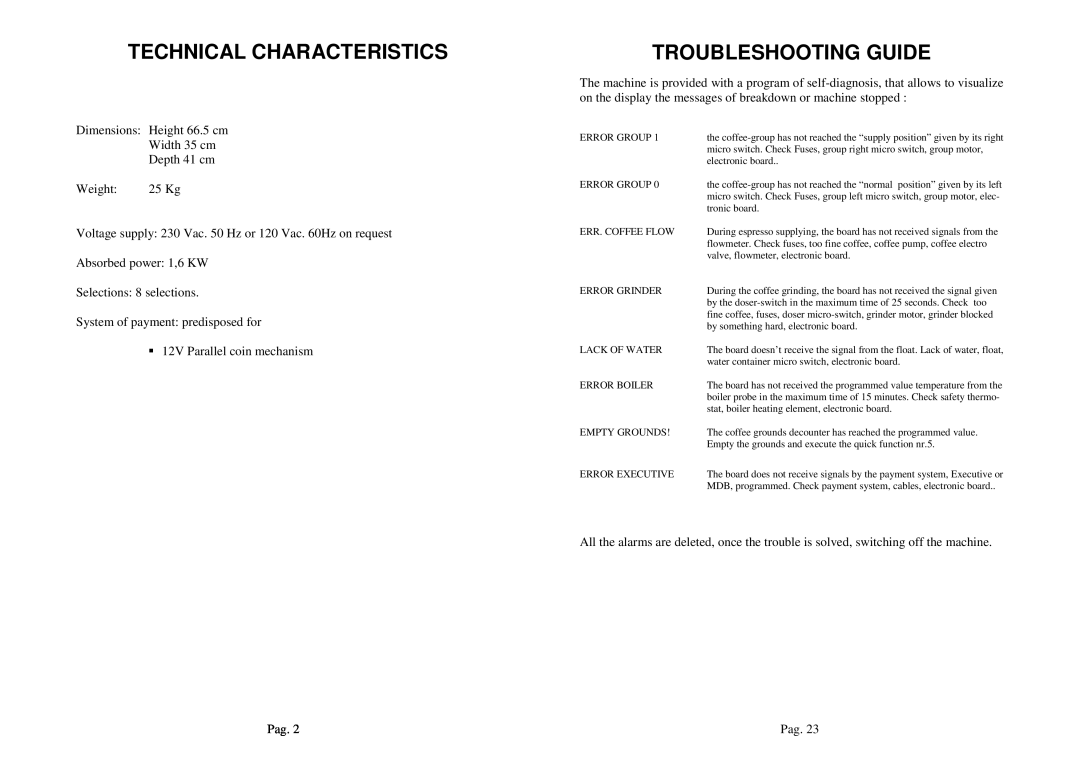 La Pavoni P1 manual Technical Characteristics, Troubleshooting Guide 
