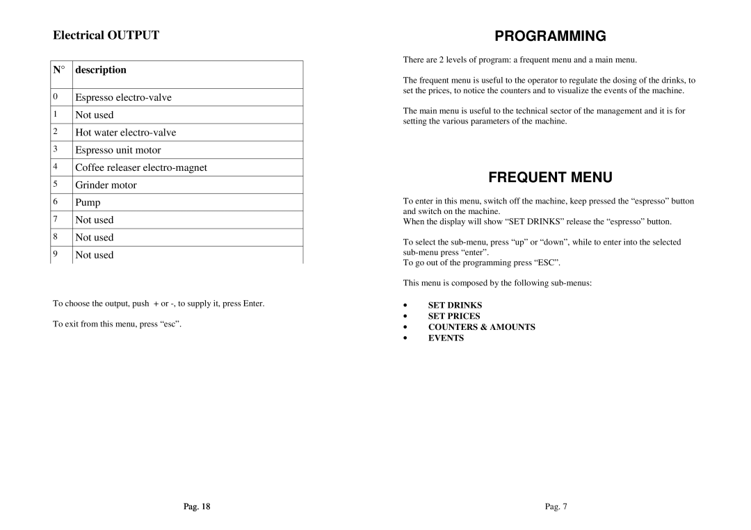 La Pavoni P1 manual Programming, Frequent Menu, description, Electrical OUTPUT 