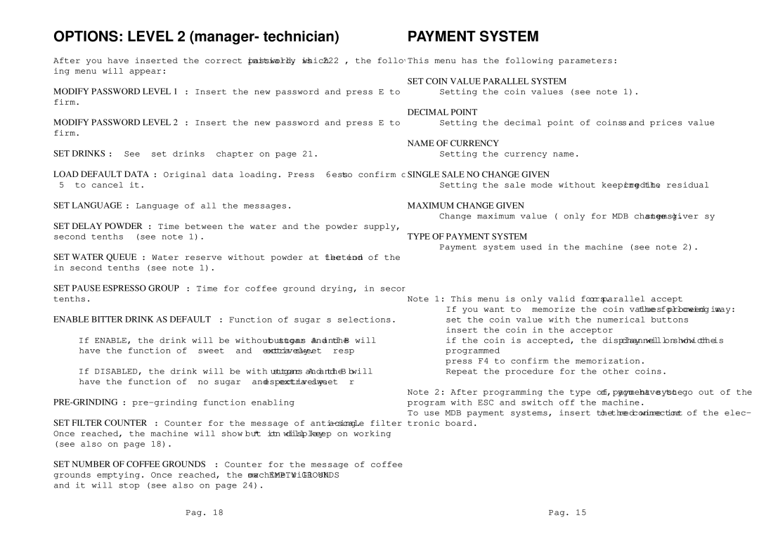 La Pavoni P180 manual Payment System 