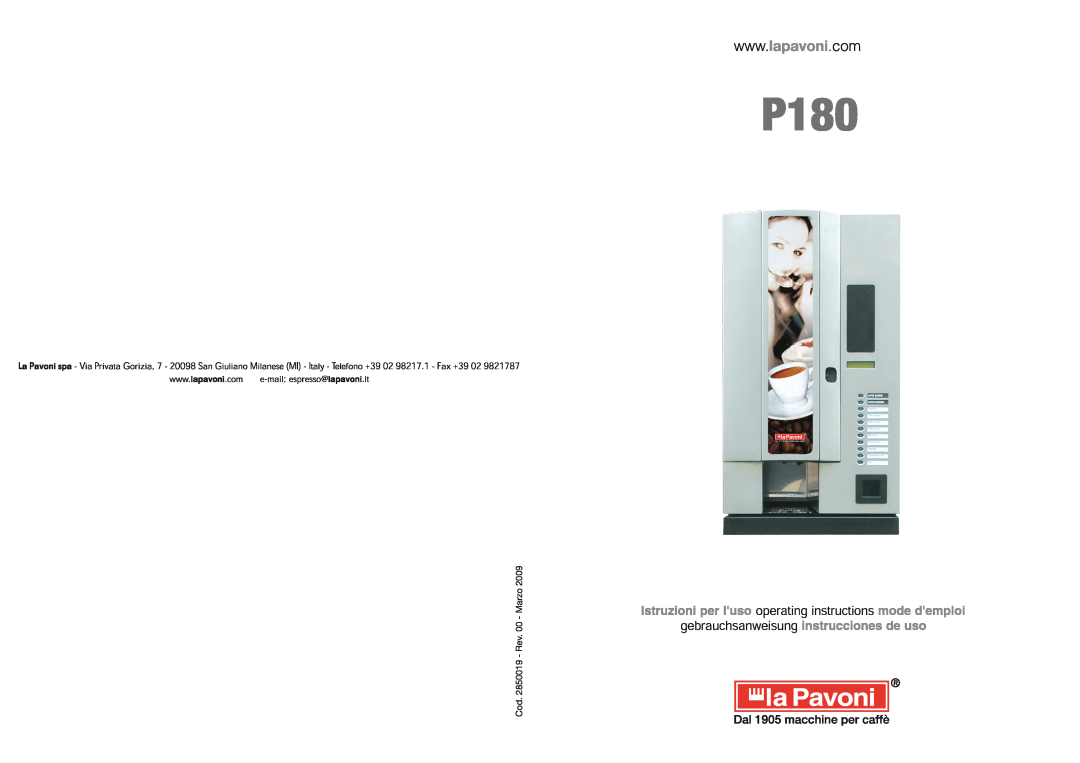 La Pavoni P180 manual Cod. 2850019 - Rev. 00 - Marzo 