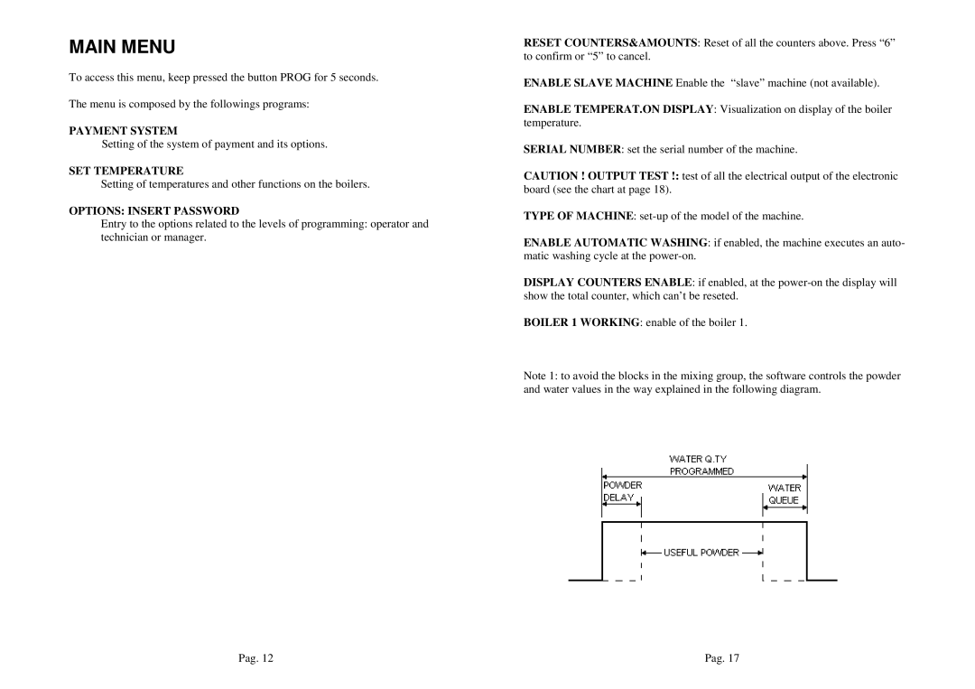 La Pavoni P3 manual Main Menu, Payment System, SET Temperature, Options Insert Password 