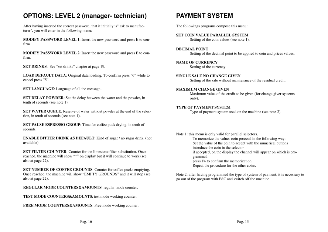 La Pavoni P3 manual Payment System 