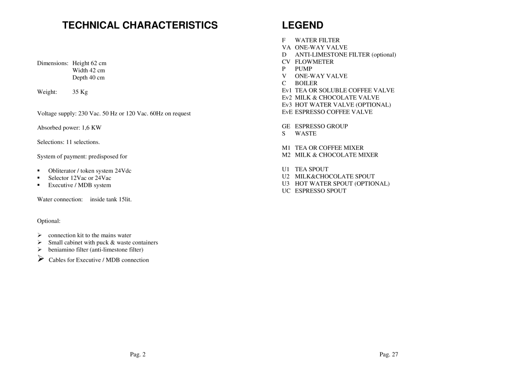 La Pavoni P3 manual Technical Characteristics, Water Filter VA ONE-WAY Valve, CV Flowmeter Pump ONE-WAY Valve C Boiler 