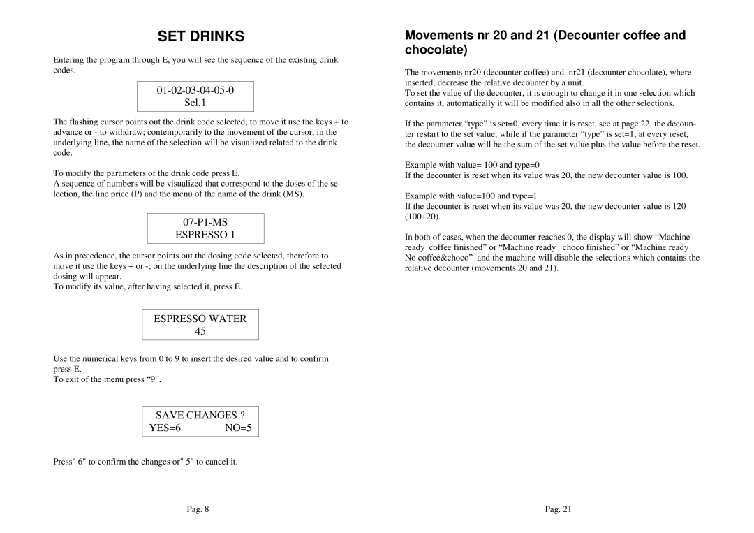 La Pavoni P3 manual SET Drinks, 01-02-03-04-05-0 Sel.1 