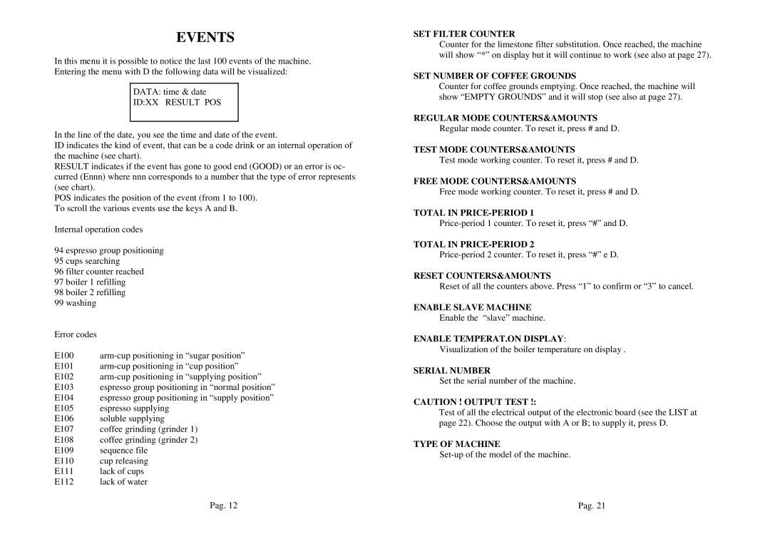 La Pavoni P300 manual Events 