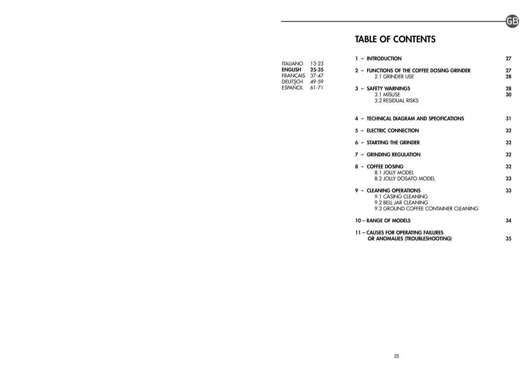 La Pavoni PA-JVD manual Table of Contents 