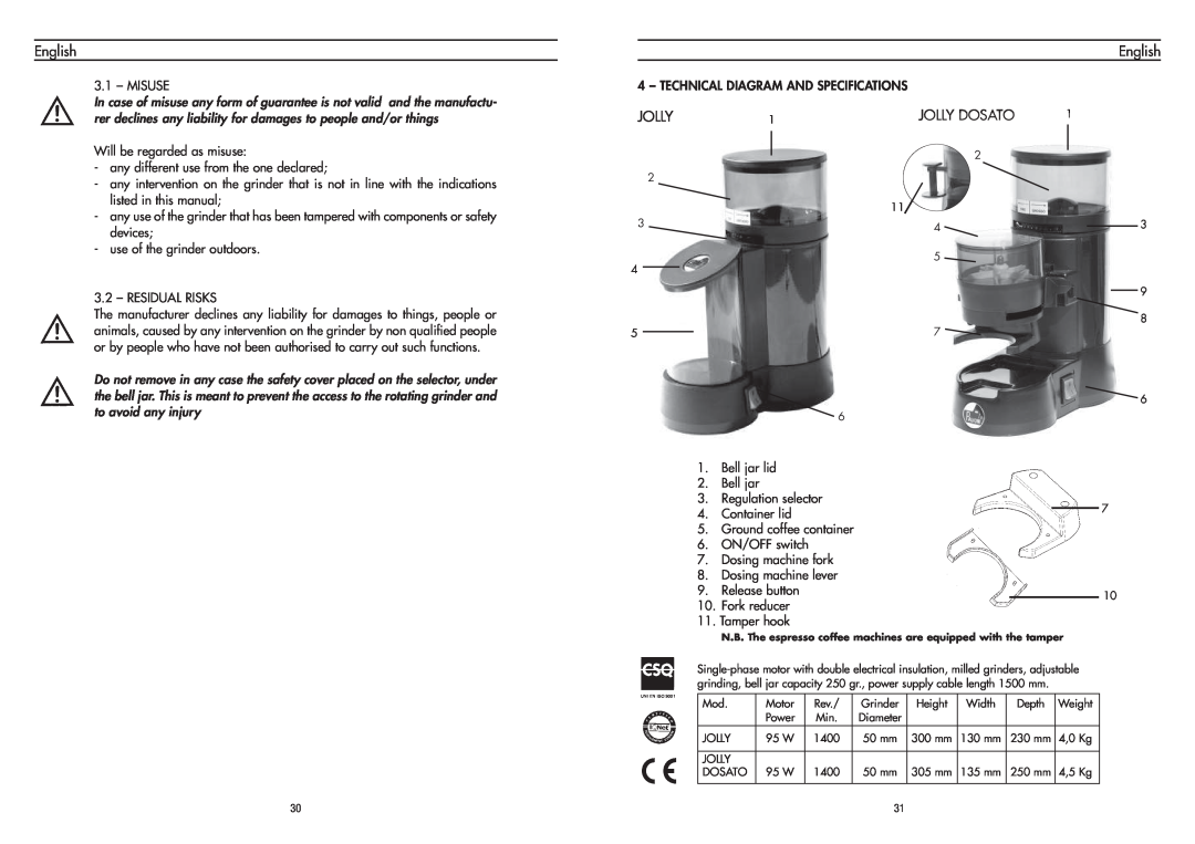 La Pavoni PA-JVD manual Jolly Dosato, Technical Diagram And Specifications, English 