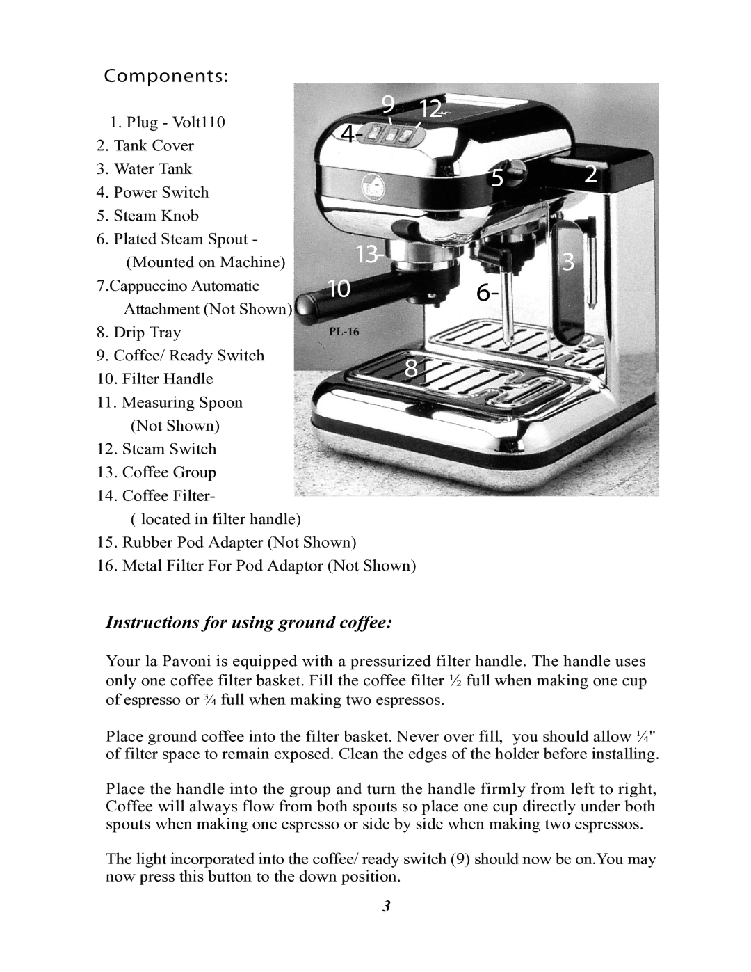 La Pavoni PAB-16, PL-16 manual Components, Instructions for using ground coffee 