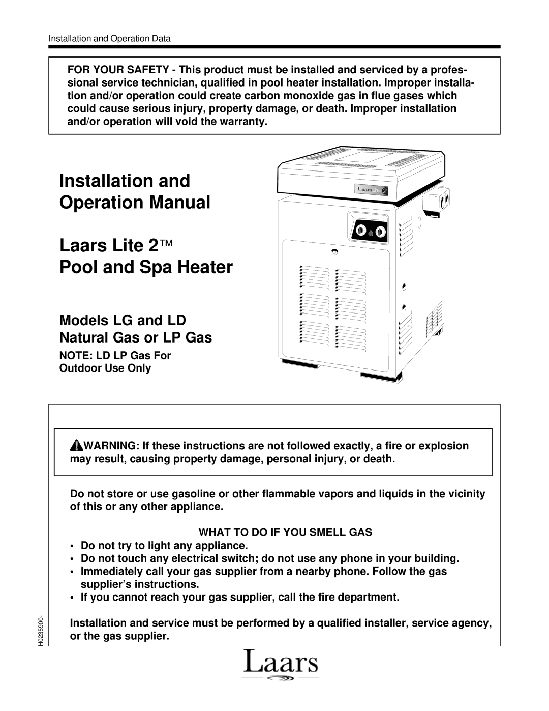 Laarsen Associates LG, LD operation manual Installation Laars Lite Pool and Spa Heater, Outdoor Use Only 