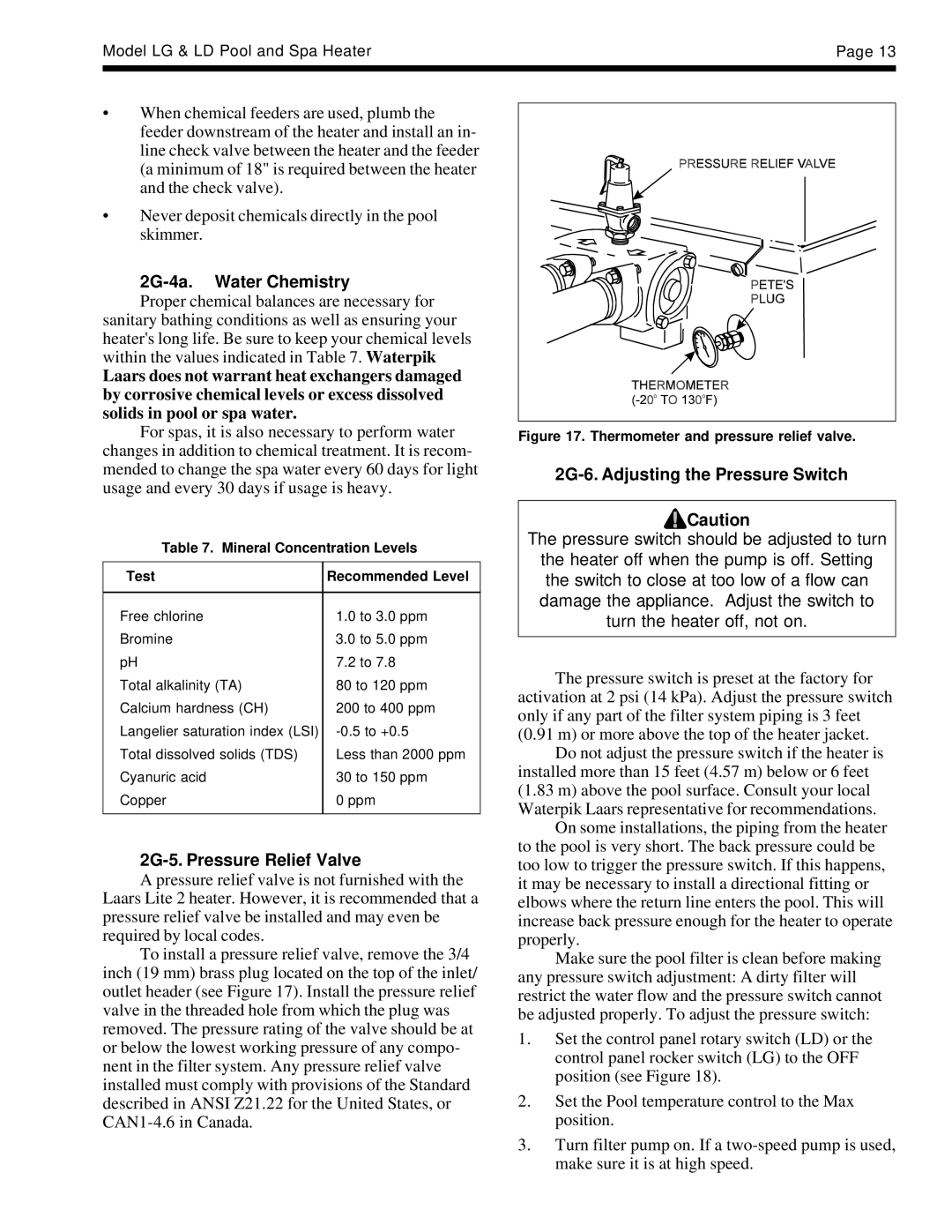 Laarsen Associates LG, LD 2G-4a. Water Chemistry, 2G-5. Pressure Relief Valve, 2G-6. Adjusting the Pressure Switch 