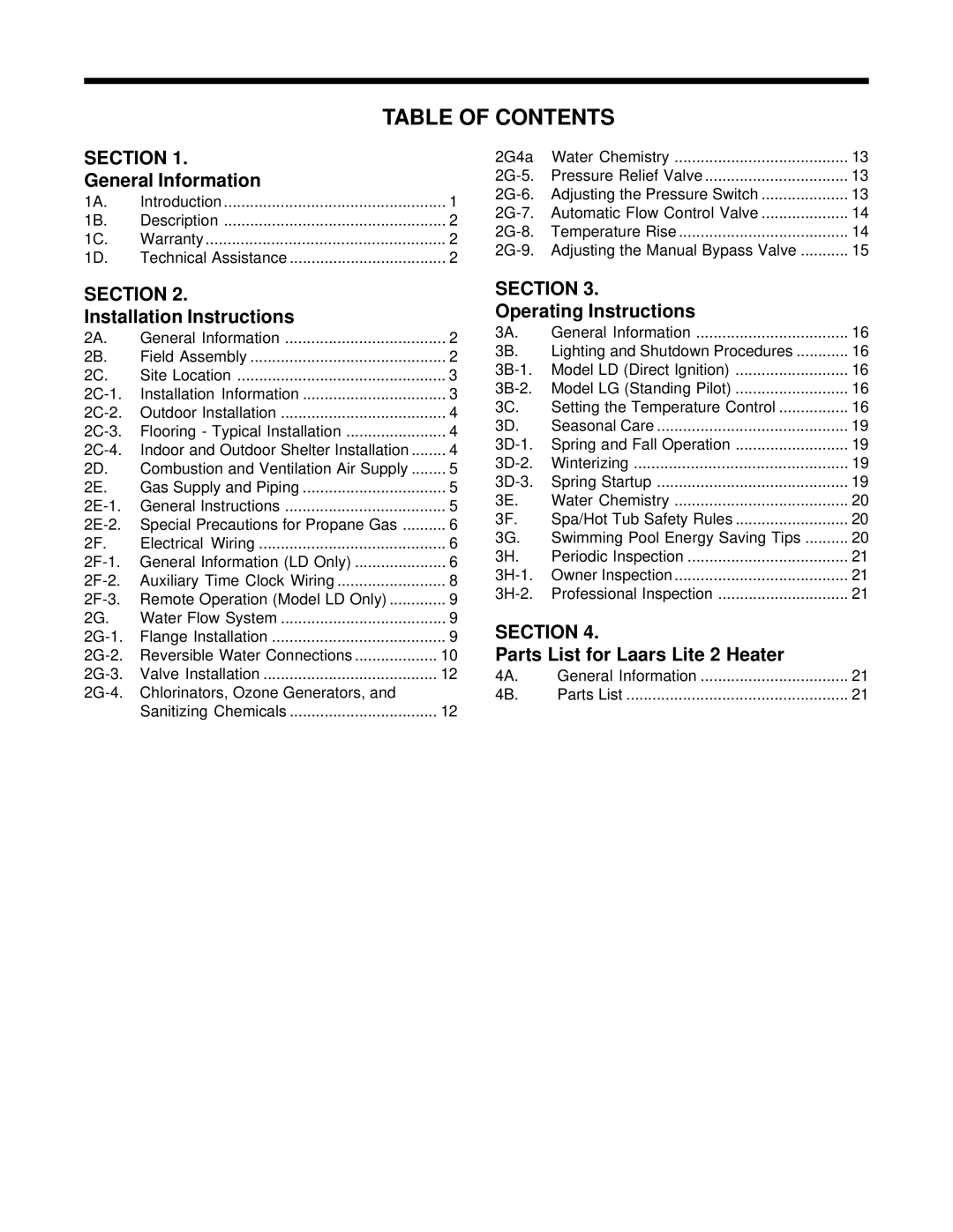 Laarsen Associates LG, LD operation manual Table of Contents 