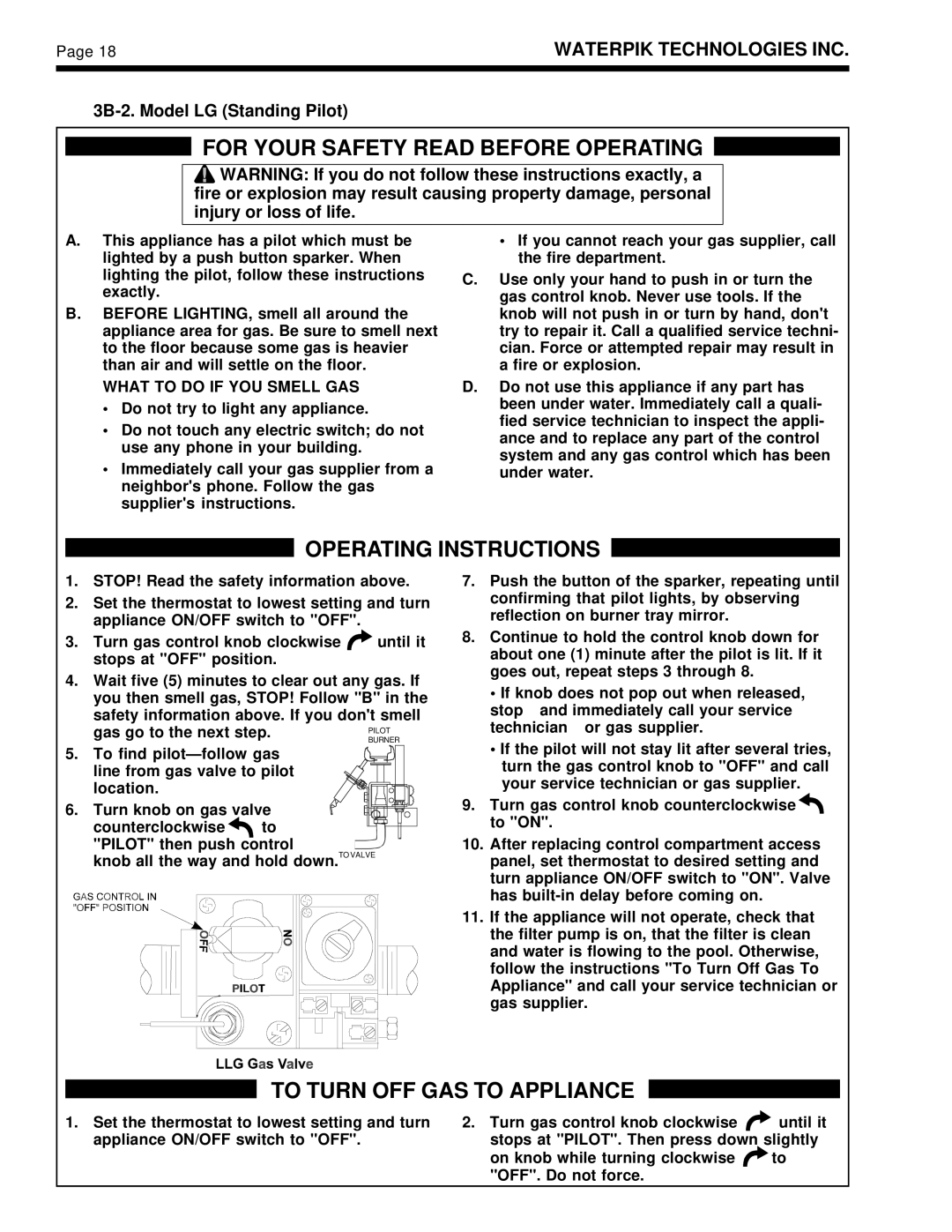 Laarsen Associates LG, LD operation manual 3B-2. Model LG Standing Pilot, What to do if YOU Smell GAS 