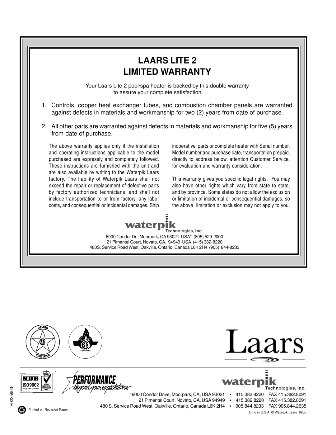 Laarsen Associates LG, LD operation manual Laars Lite Limited Warranty 