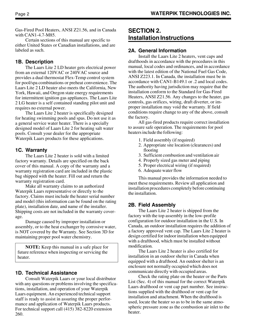 Laarsen Associates LG, LD operation manual 1B. Description, 1C. Warranty, 1D. Technical Assistance, 2A. General Information 