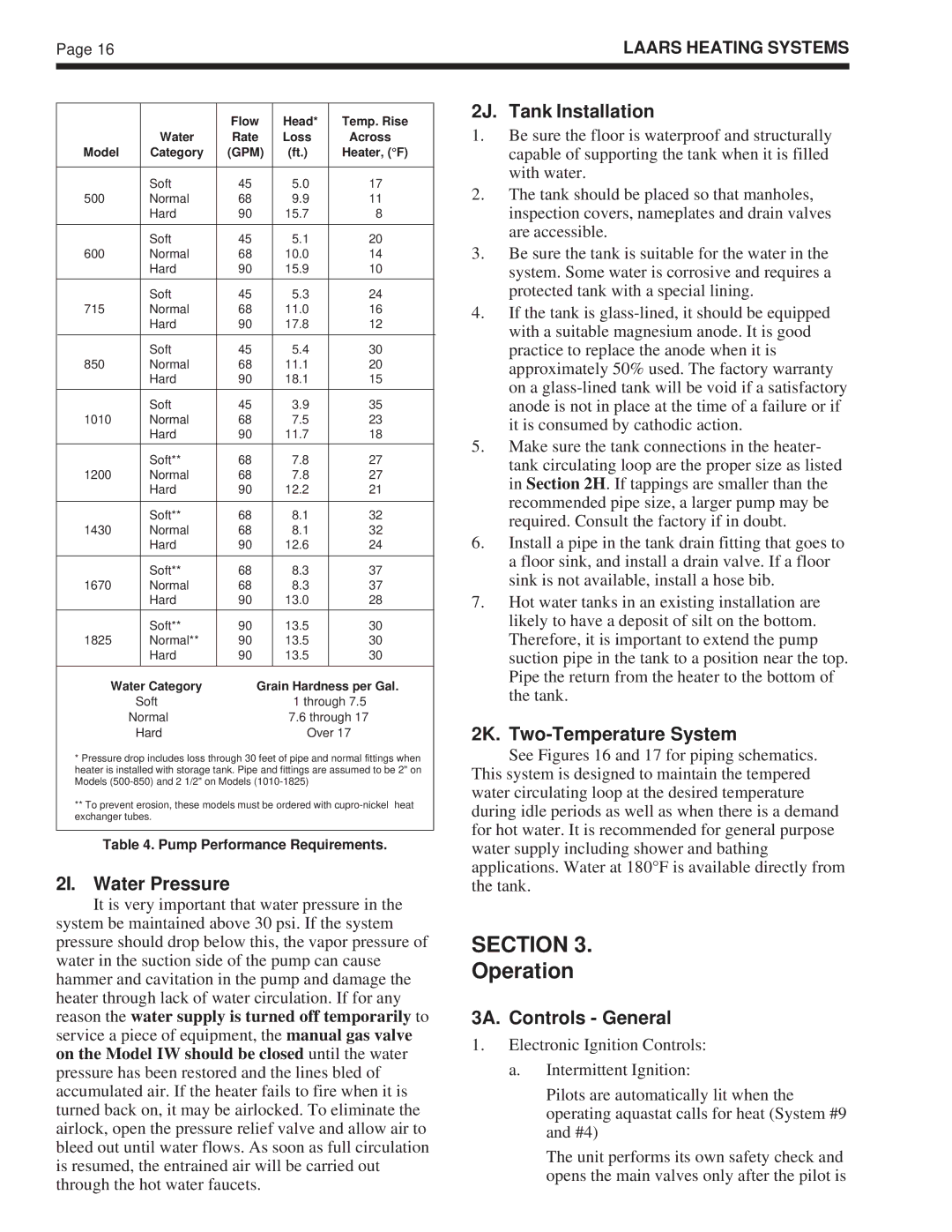 Laarsen Associates IW, PW, VW warranty Operation, 2I. Water Pressure, 2J. Tank Installation, 2K. Two-Temperature System 