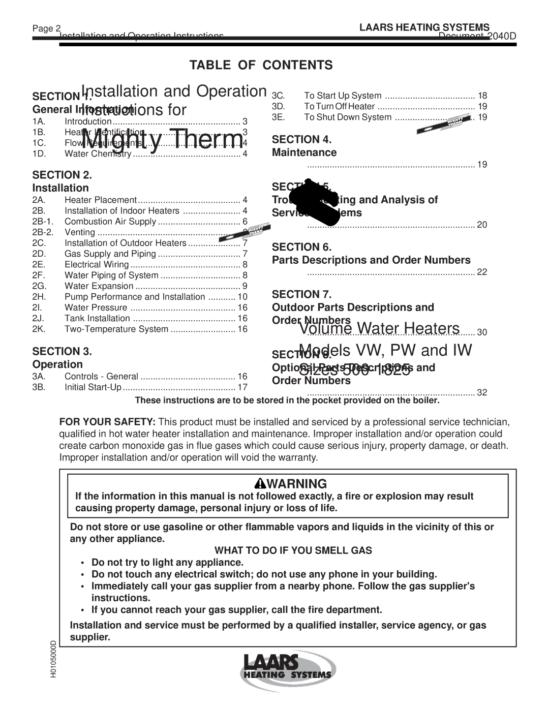 Laarsen Associates VW, PW, IW warranty Table of Contents 