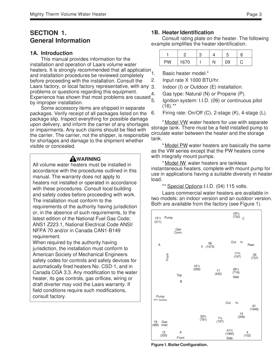 Laarsen Associates PW, IW, VW warranty General Information, 1A. Introduction, 1B. Heater Identification 