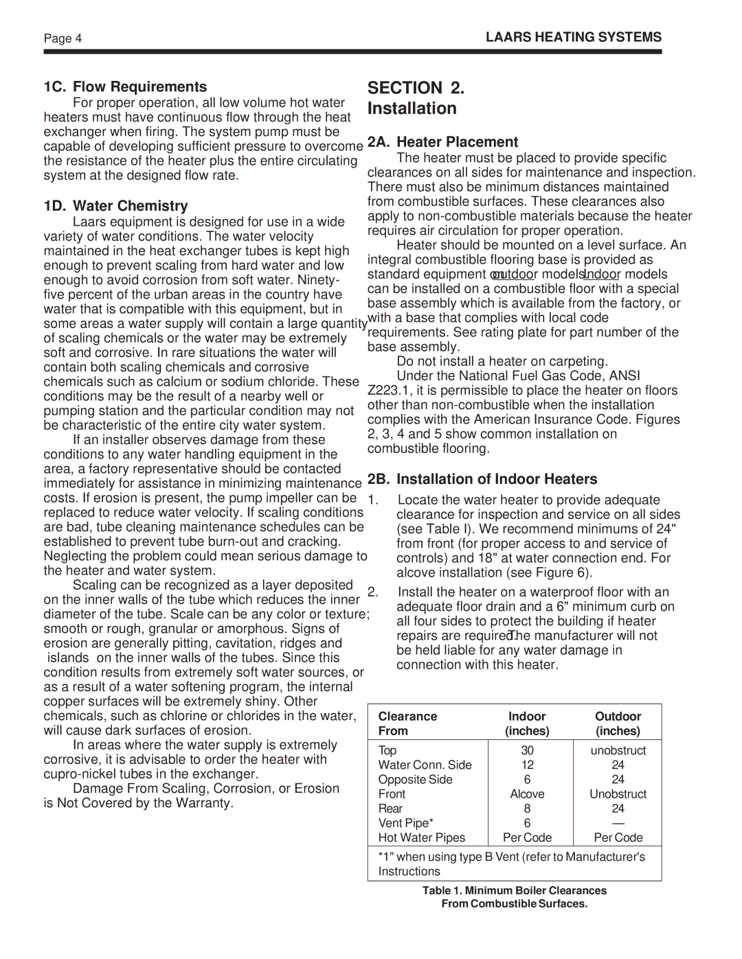 Laarsen Associates IW, PW, VW warranty Installation, 1C. Flow Requirements, 1D. Water Chemistry, 2A. Heater Placement 