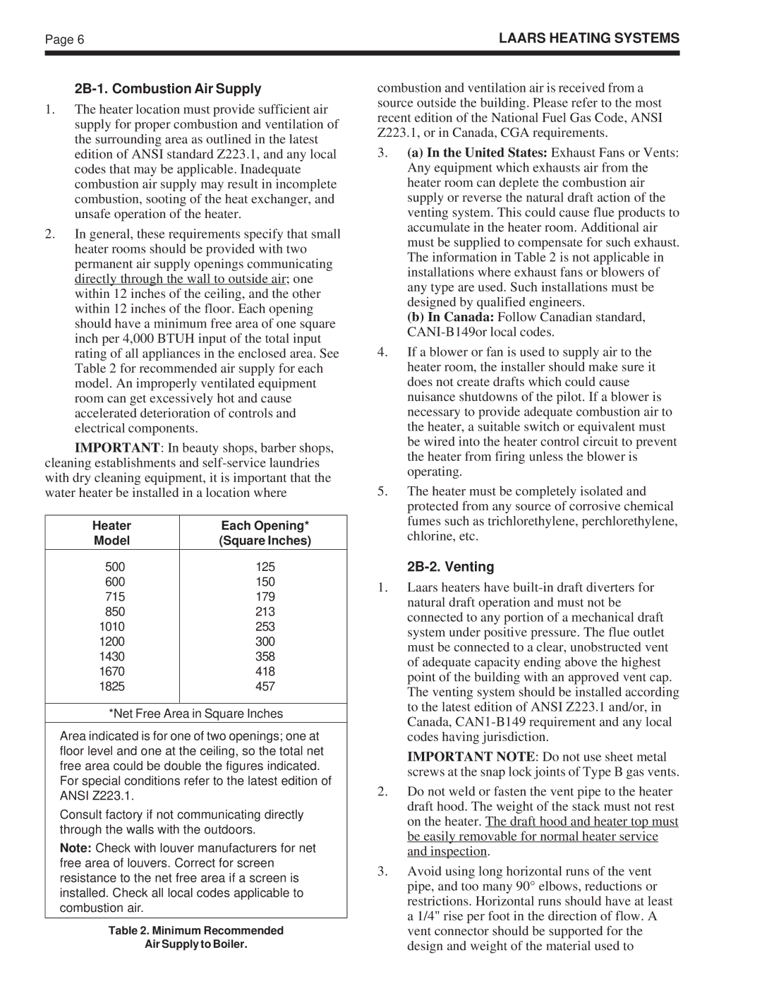 Laarsen Associates PW, IW, VW warranty 2B-1. Combustion Air Supply 