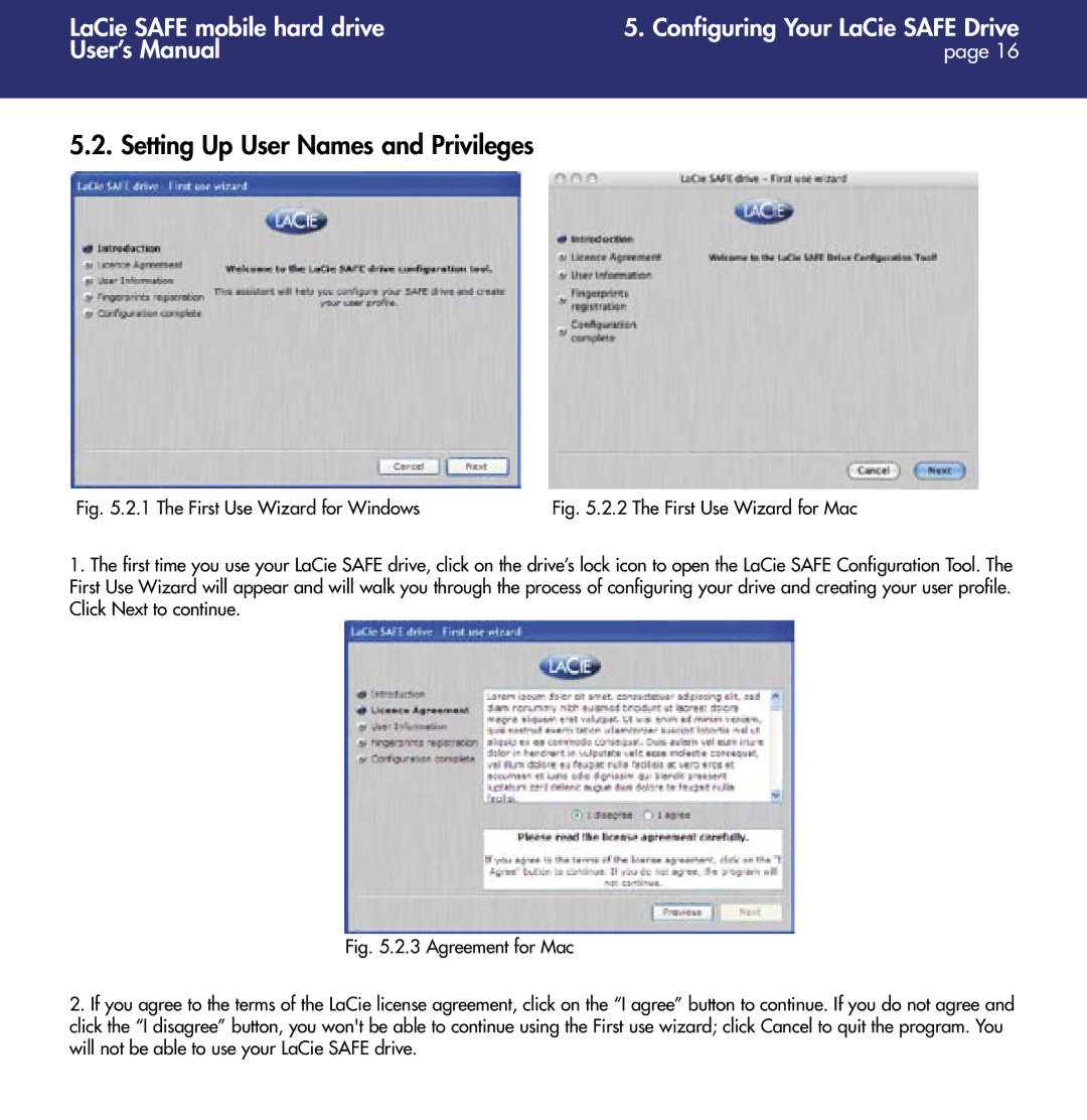 LaCie 1.0 user manual Setting Up User Names and Privileges, The First Use Wizard for Windows 