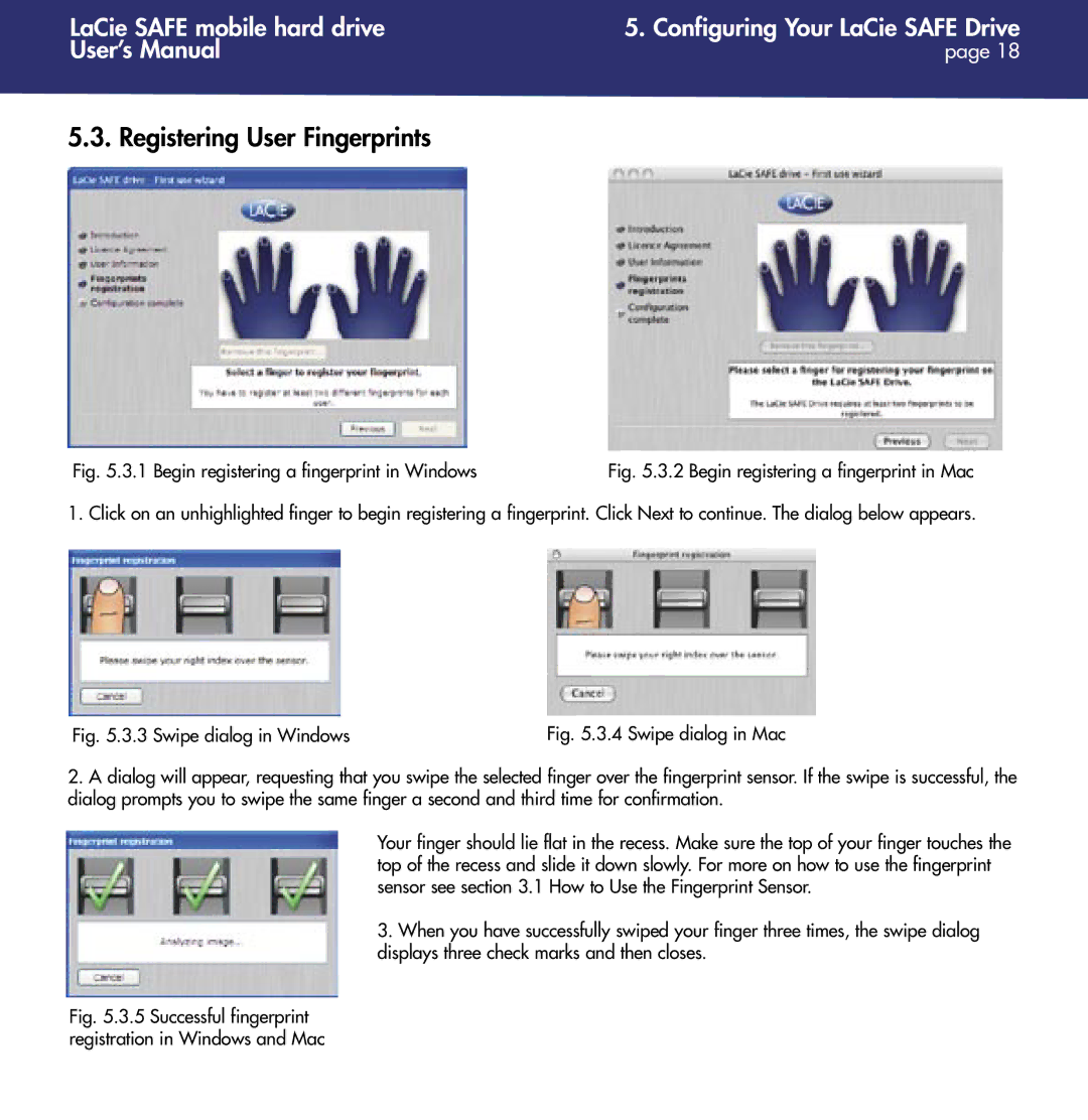 LaCie 1.0 user manual Registering User Fingerprints, Begin registering a fingerprint in Windows 