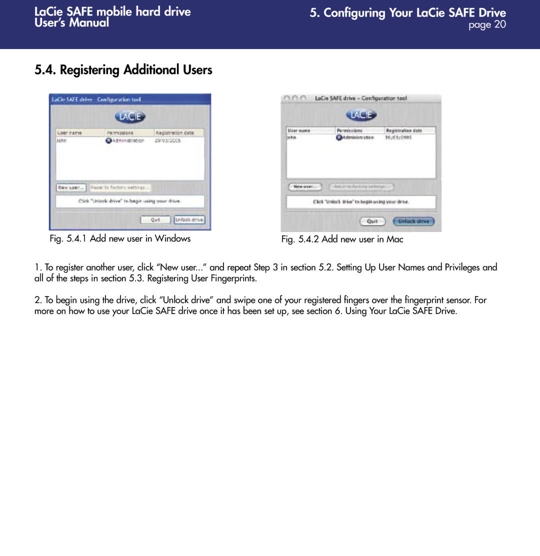 LaCie 1.0 user manual Registering Additional Users, Add new user in Windows 