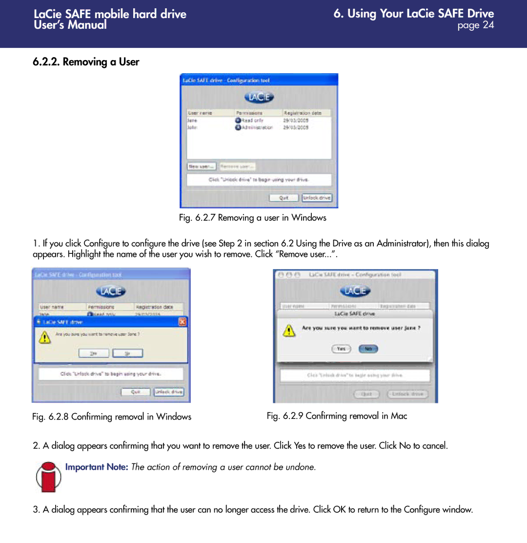 LaCie 1.0 user manual Removing a User 