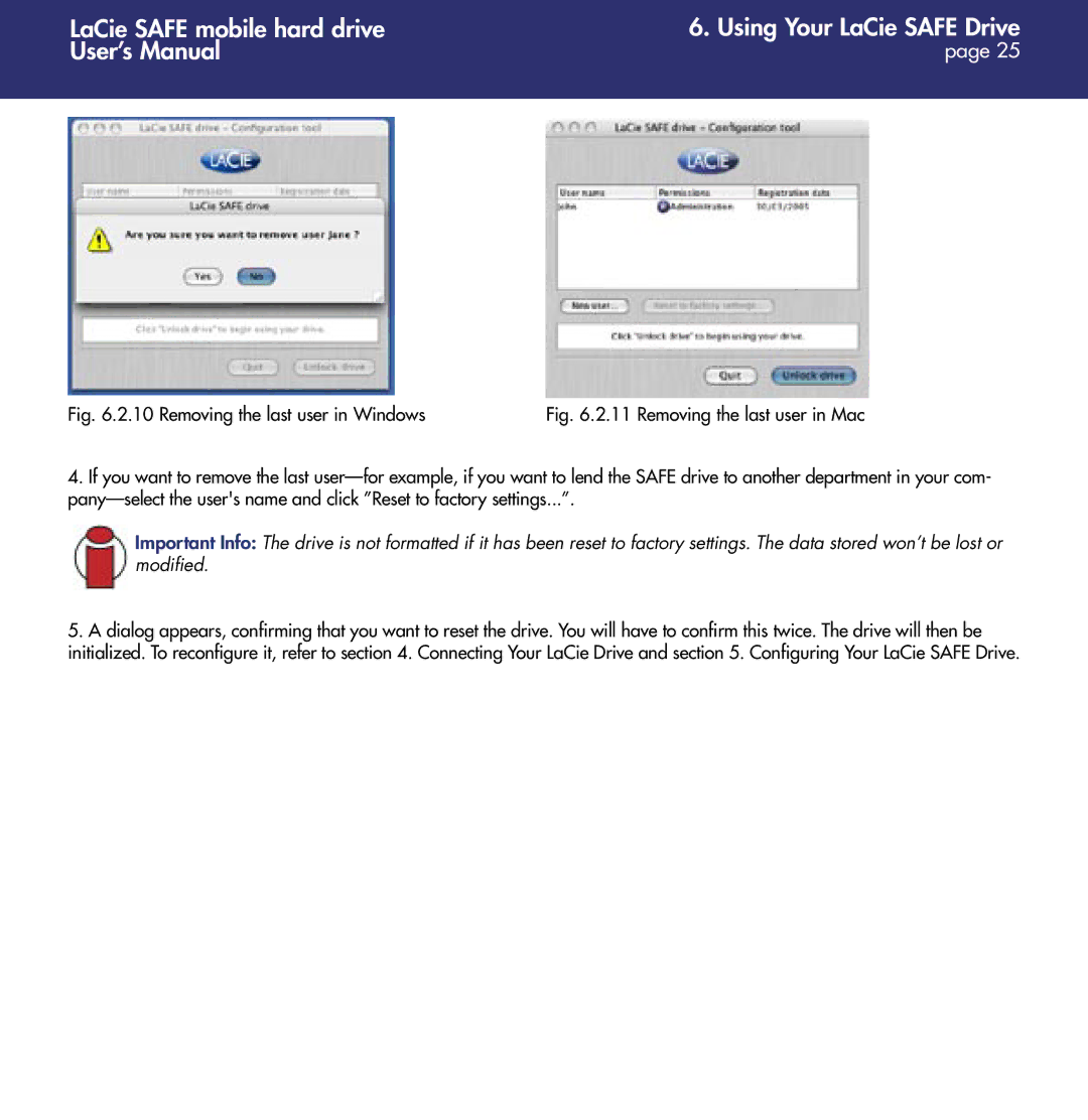 LaCie 1.0 user manual Removing the last user in Windows 