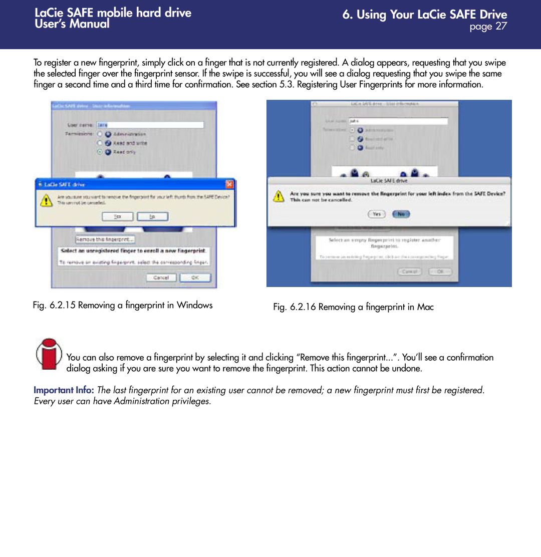 LaCie 1.0 user manual Removing a fingerprint in Windows 