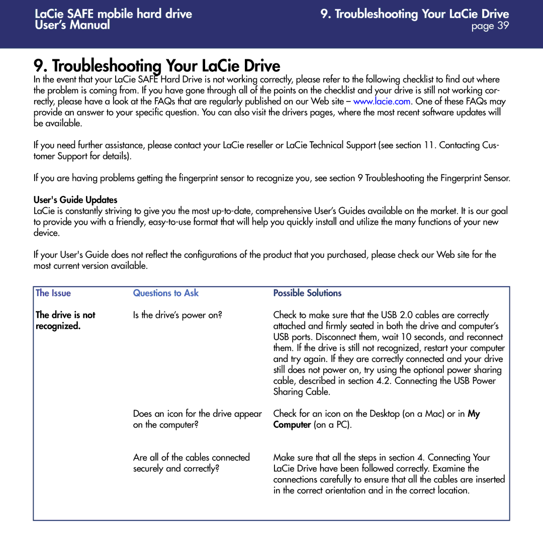 LaCie 1.0 user manual Troubleshooting Your LaCie Drive, Questions to Ask 