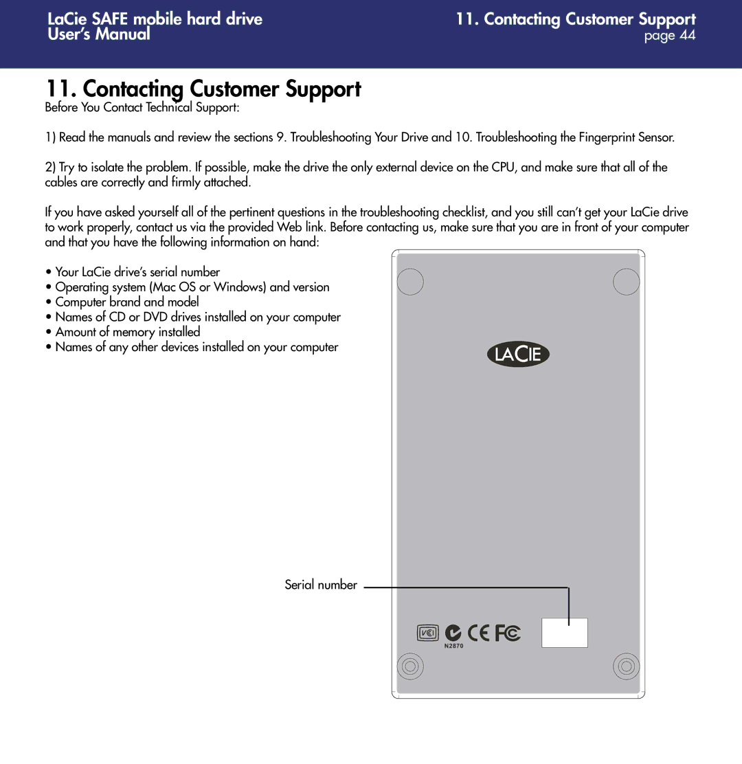 LaCie 1.0 user manual Contacting Customer Support 