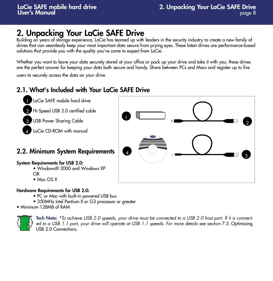 LaCie 1.0 user manual Unpacking Your LaCie Safe Drive, Whats Included with Your LaCie Safe Drive 