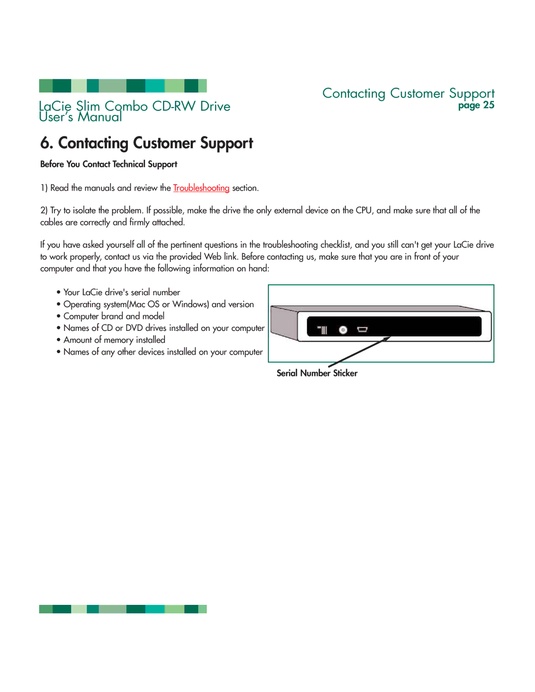 LaCie 1038 manual Contacting Customer Support 