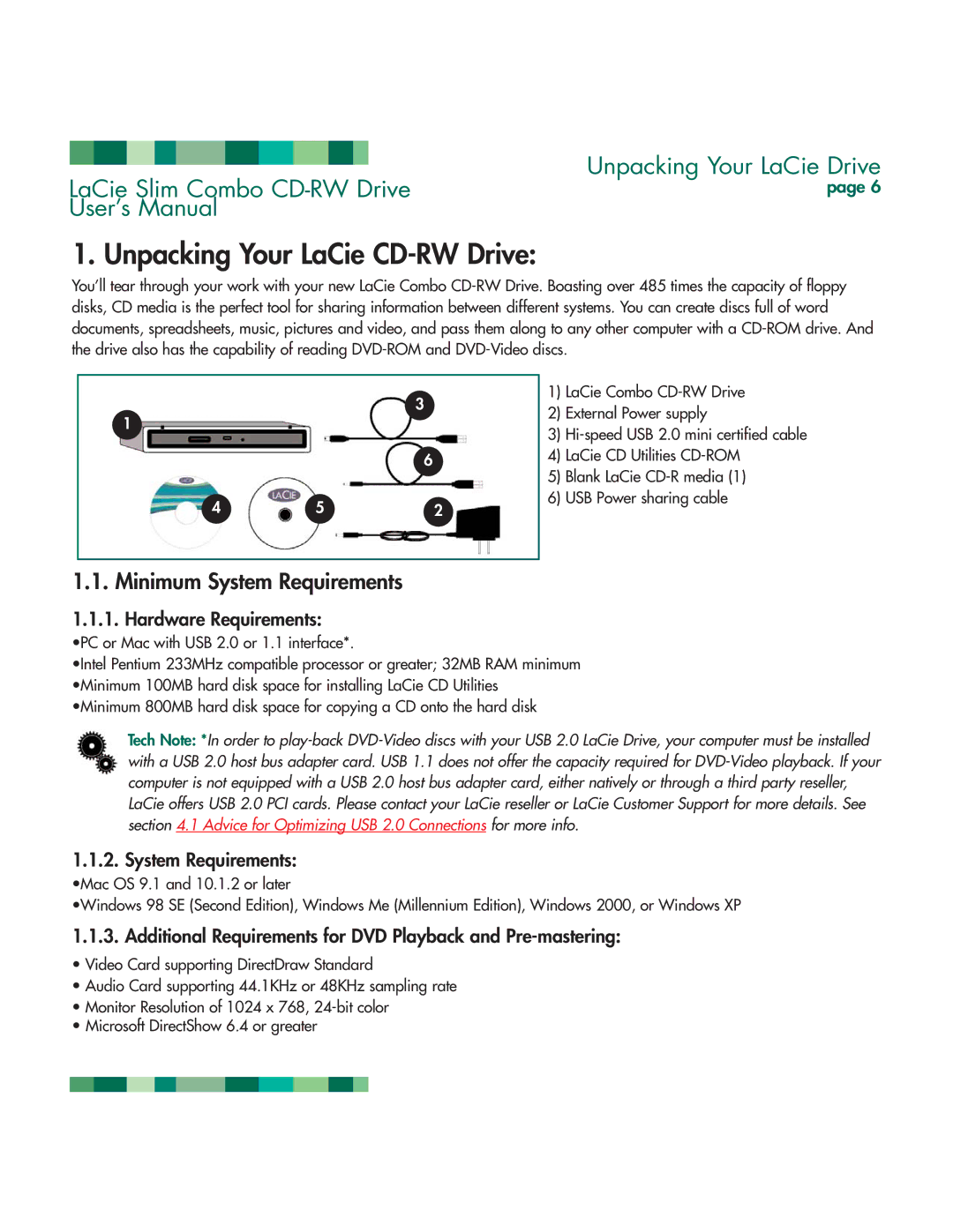 LaCie 1038 manual Unpacking Your LaCie CD-RW Drive, Minimum System Requirements 