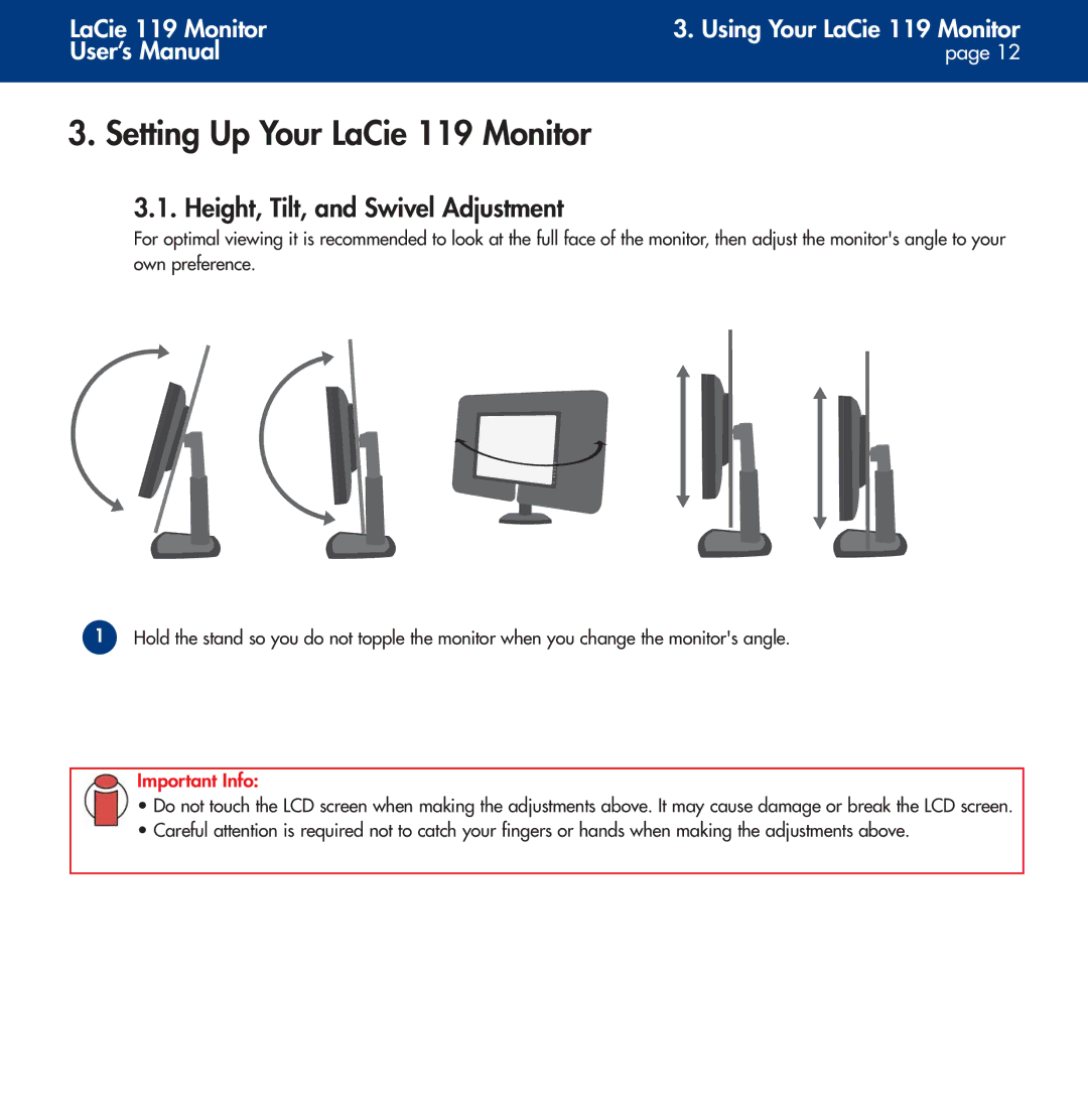 LaCie user manual Setting Up Your LaCie 119 Monitor, Height, Tilt, and Swivel Adjustment 